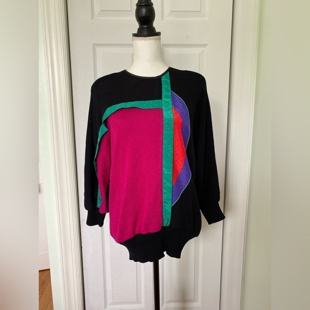 1980s Geometric Slouchy Knit Colorblock Vintage Sweater